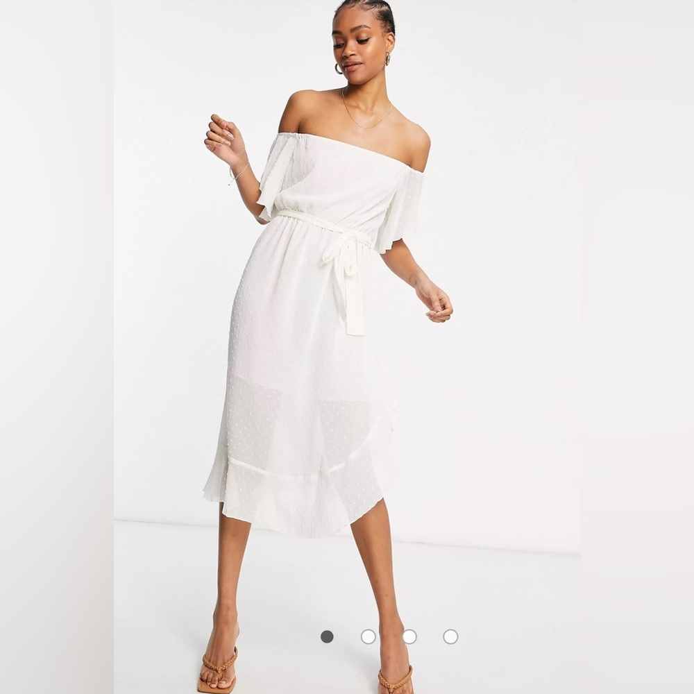 NWT-River Island-Off the shoulder sheer polkadot white dress Sz 10